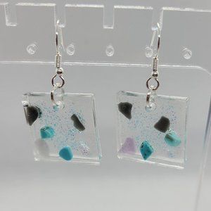 Lightweight Acrylic Earrings, Blue Glitter, Turquoise, Onyx Chips